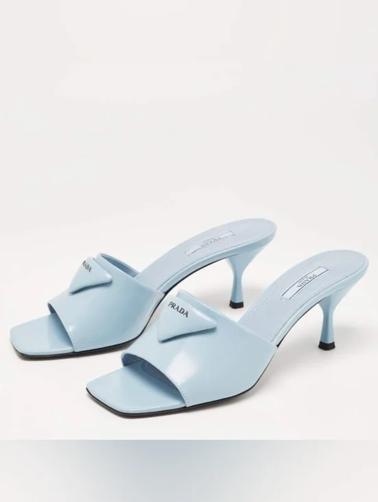 PRADA Burnished Leather Heeled Slide Sandals In Celeste EU 37.5 US 7.5 Org $1295 - Picture 2 of 16